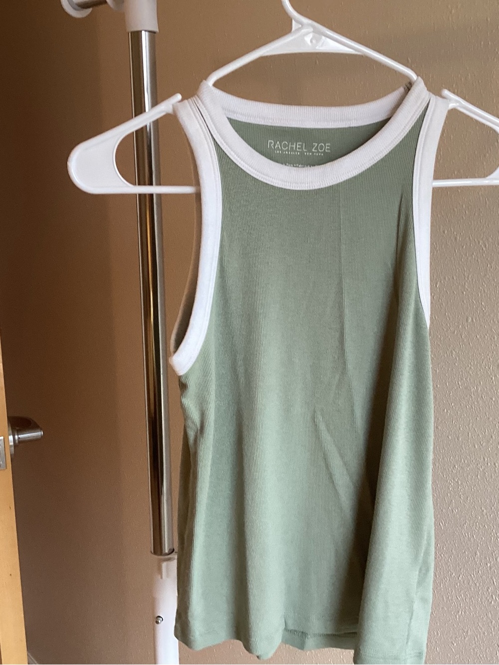 Rachel Zoe Sage Green Tank with White Trim Ribbed Neckline